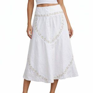 White Denim Skirt With Floral Embroidery